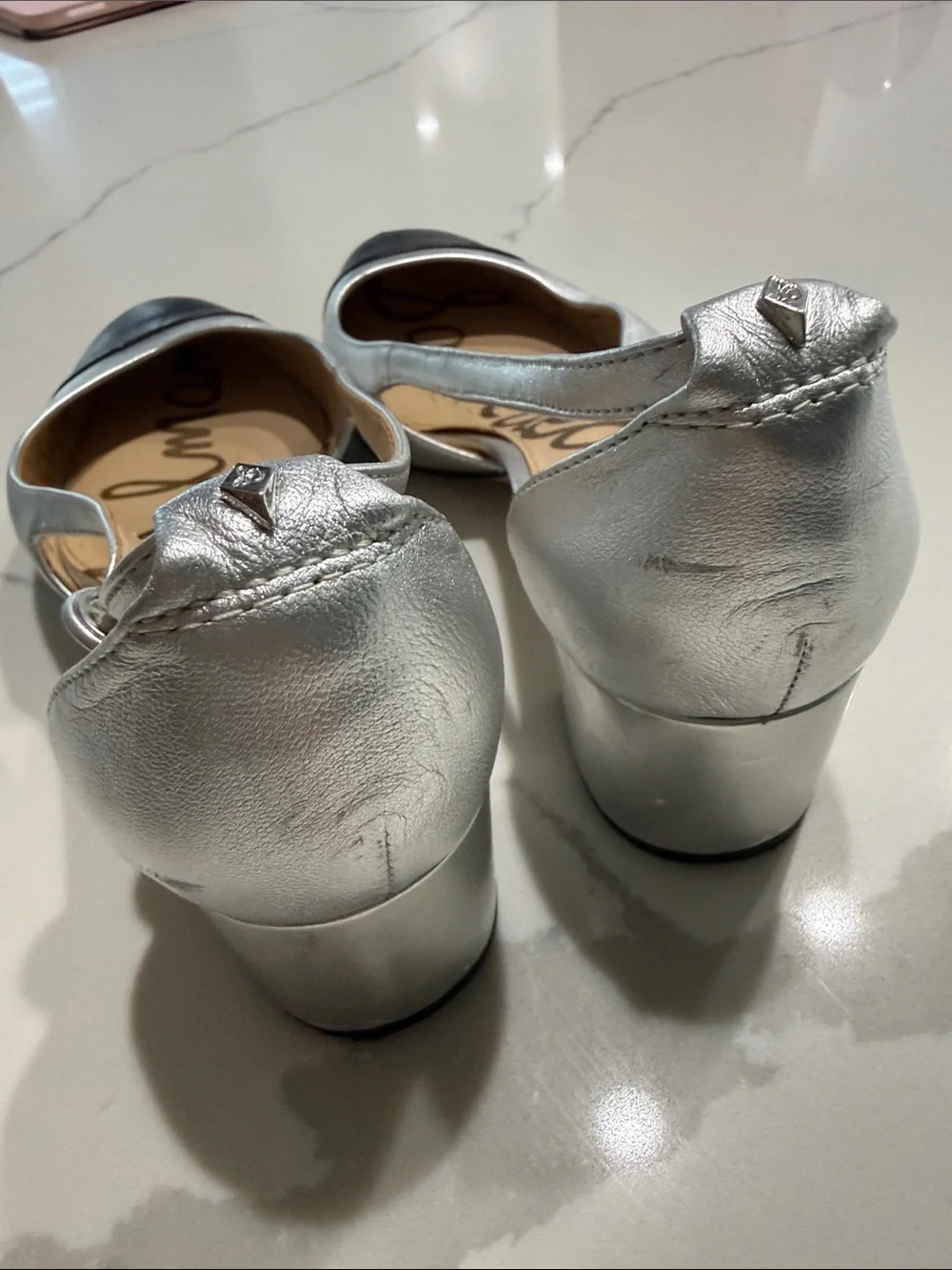 Sam Edelman Silver and Black Slingback Block Heel Pumps